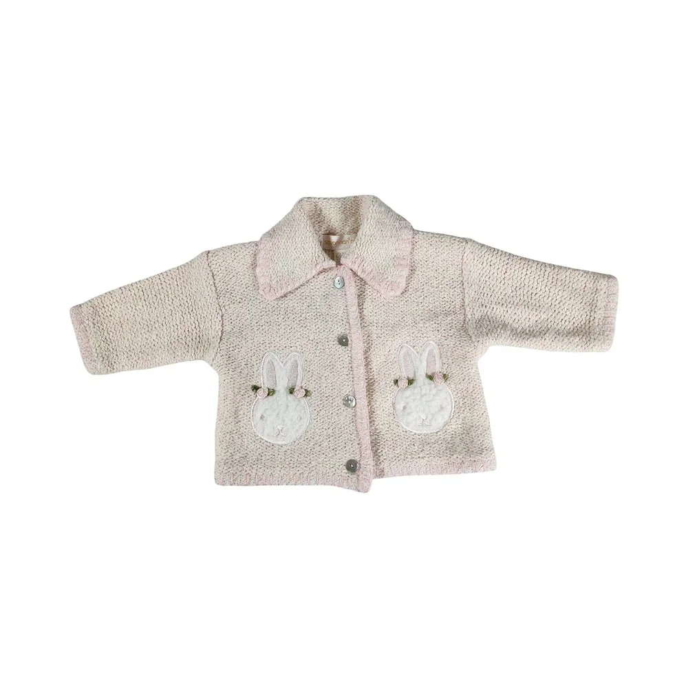 Vintage Savannah Baby Pink Cream Knit Bunny Cardigan Sweater 6/12‎ Months